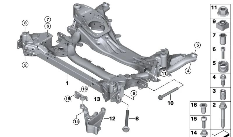 Soporte delantero del eje OEM 31108841117 para BMW G42, G22, G23. Original BMW.