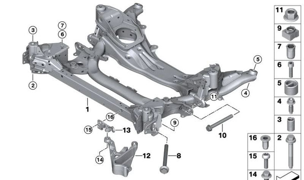 Soporte delantero del eje OEM 31108841117 para BMW G42, G22, G23. Original BMW.