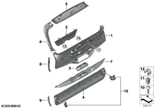 Rear center tailgate trim for BMW X7 G07, G07N (OEM 51497955324). Original BMW