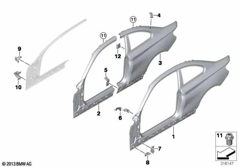 Frame laterale esterno destro per BMW F87, F87N (OEM 41218069042). BMW originale.