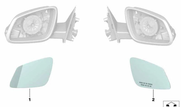 Cristal de espejo calefactable con gran angular izquierdo OEM 51167377975 para BMW F52, F45, F46, F48, F49. Original BMW.