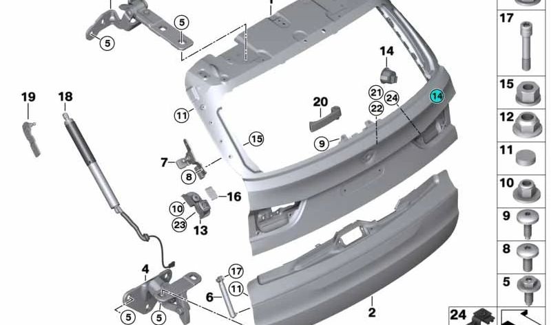 Tope derecho del portón trasero OEM 51247294780 para BMW F15, F85. Original BMW.