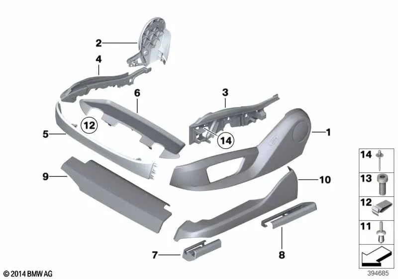 Cubierta guía del asiento delantera izquierda para BMW Serie 5 F07, F10, F11, F18, Serie 7 F01, F02, F04 (OEM 52109175063). Original BMW