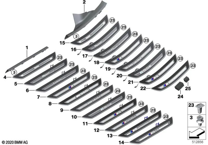 Embellecedor de entrada iluminado trasero izquierdo para BMW Serie 5 G30, G30N, G31, G31N (OEM 51477390215). Original BMW