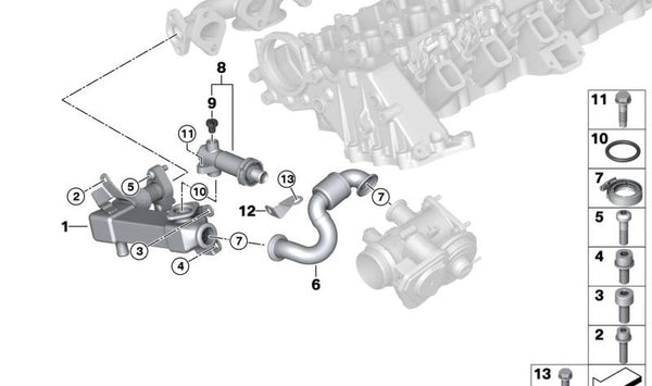 Enfriador de gases de escape para BMW E87, Serie 3 E46, E90, E91, E92, E93, Serie 5 E60, E61, Serie 6 E63N, E64N, X3 E83, X5 E53, E70, X6 E71 (OEM 11717790065). Original BMW