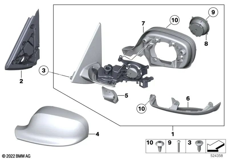 Antrieb espejo retrovisor izquierdo para BMW E81, E82, E87N, E88, E90N, E91N, E92, E92N, E93, E93N, F07, F10, F11, F18, E84, E83N, F25, G01, G08, F26, G02, F15, G05, F16 (OEM 67137232743). Original BMW.