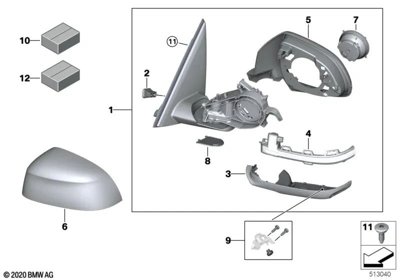 Left exterior mirror without heated glass for BMW G06 (OEM 51169463295). Original BMW