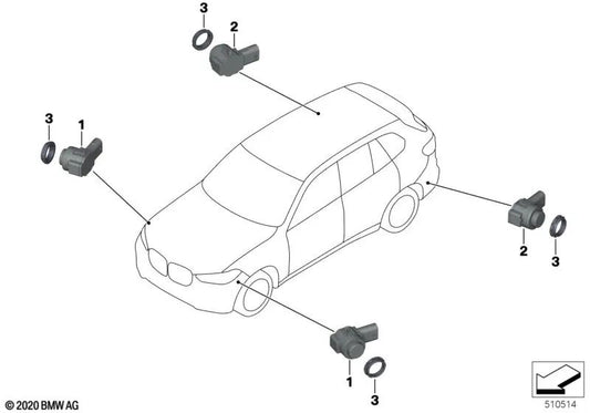 Sensor ultrasónico gris para BMW G30N, G31N Serie 5, G32N Serie 6, G05, G18 X5, G06 X6 (OEM 66209826963). Original BMW.