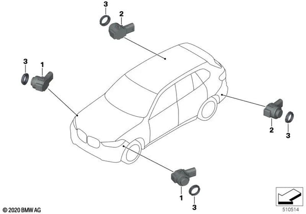 Sensor de ultrasonido Gris mineral para BMW Serie 1 F40, Serie 2 F44, X5 G05, X6 G06 (OEM 66207927756). Original BMW.