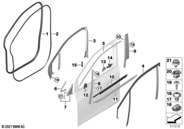 Guía de ventana puerta delantera izquierda para BMW U06 (OEM 51338496271). Original BMW