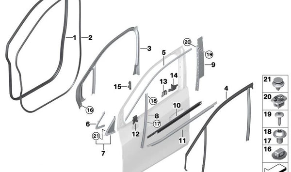 Sellado guía de ventana arriba delantera derecha para BMW U06 Serie 2 (OEM 51338496402). Original BMW.