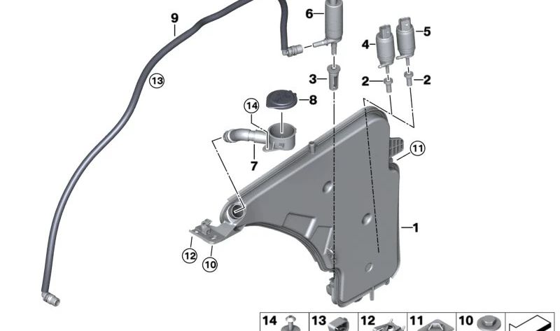 Washer Fluid Reservoir for BMW F22, F23, F87, F30, F34, F35, F80, F32, F33, F36, F82, F83 (OEM 61667241672). Original BMW