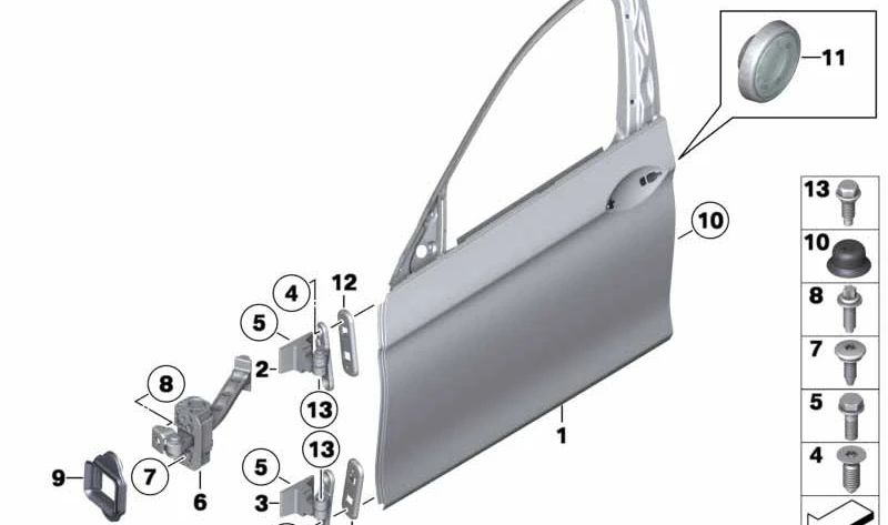 Bisagra de puerta delantera superior izquierda para BMW Serie 5 F10, F11, F18 (OEM 41517259591). Original BMW.