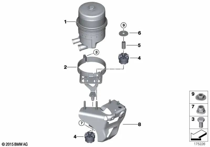 Soporte depósito de aceite dirección activa para BMW E81, E82, E87, E88, E90, E91, E92, E93 (OEM 32416768092). Original BMW.