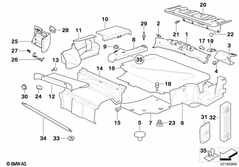 Hood compartment inner liner for BMW 3 Series E36 (OEM 51478165074). Original BMW.