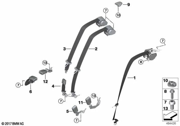 Cinturón de seguridad trasero derecho para BMW Serie 5 F90, G30 (OEM 72118092488). Original BMW