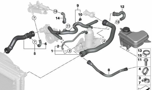 Manguera de refrigerante para BMW Serie 5 E60, E61 (OEM 17127789723). Original BMW