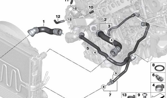 Tubo de refrigerante OEM 17127800106 para BMW Serie 3 {E90, E91, E92, E93}. Original BMW.