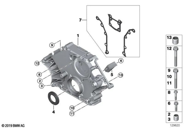 Tapa de la caja de la cadena inferior para BMW E60, E61, E63, E64, E65, E66, E53 (OEM 11147533686). Original BMW