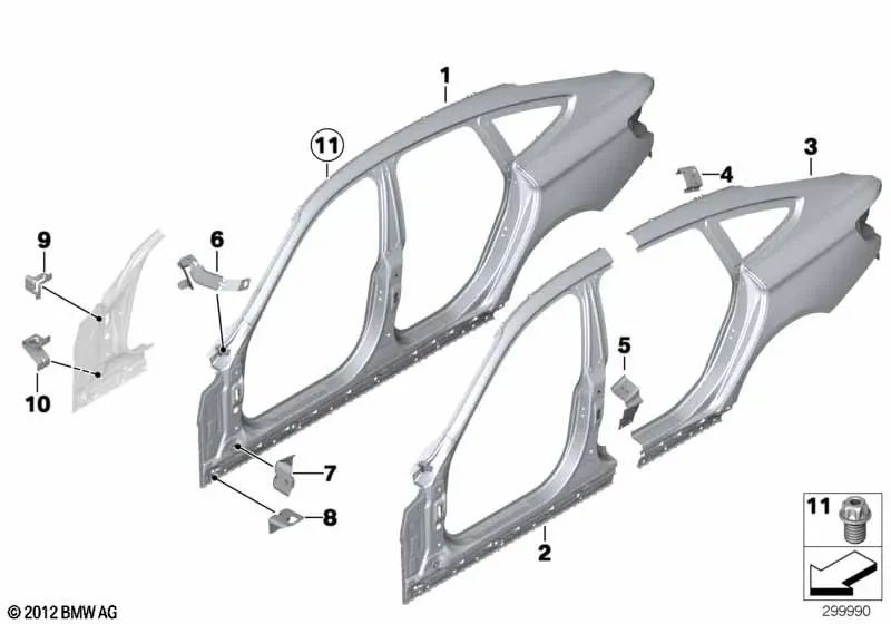 Left outer side panel for BMW 3 Series F34, F34N (OEM 41007334011). Original BMW