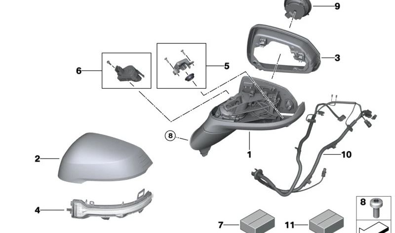 Espejo exterior sin accesorios izquierdo para BMW U11 (OEM 51165A67617). Original BMW