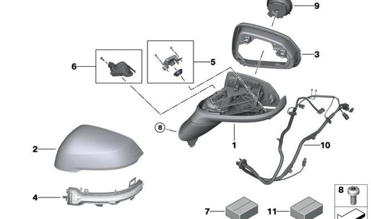 Right rearview mirror without accessories OEM 51165A67614 for BMW U11. Original BMW.