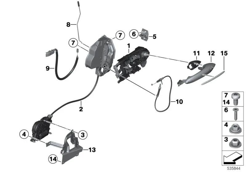 Cerradura de sistema derecha para BMW Serie 1 E81, E82, E87, E87N, E88, F20, F20N, F21, F21N, Serie 2 F22, F22N, F23, F23N, F87, F87N (OEM 51217202144). Original BMW