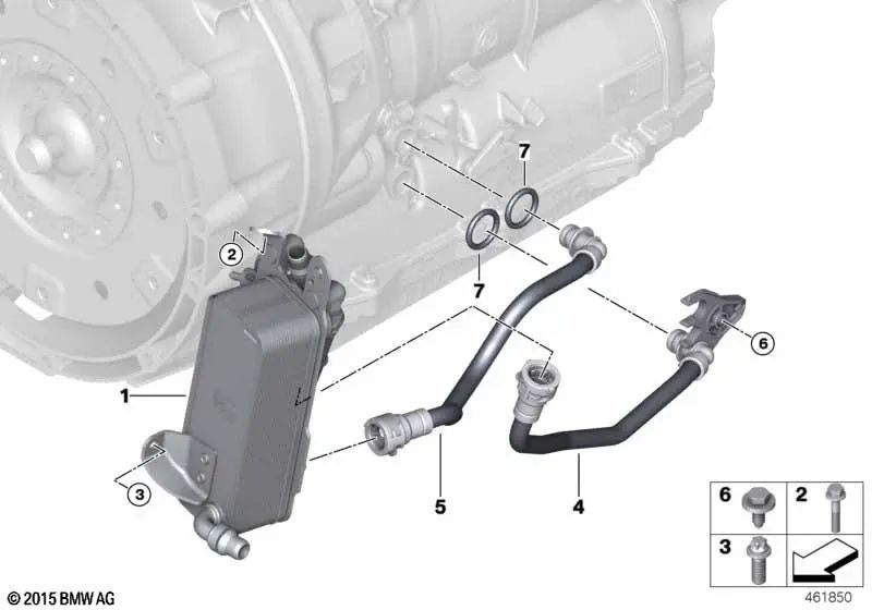 Conducción del enfriador de aceite de la transmisión para BMW Serie 3 G20, G20N, G21, Serie 5 G30N, G31, Serie 6 G32, G32N, Serie 7 G11, G12, Serie 8 G14, G15, G16, X3 G01, G01N, X4 G02, G02N, X5 G05, X6 G06, X7 G07 (OEM 17228576824). Original BMW.