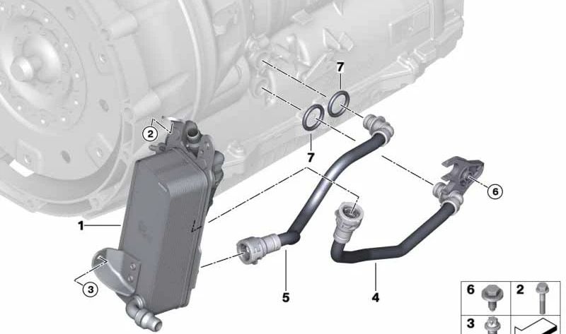 OEM transmission oil cooler 17218514515 for BMW F20, F21, F22, F23, G42, F30, F31, F34, F35, G20, G21, G28, F32, F33, F36, G22, G23, G26, F10, F11, G30 , G31 , G32, G11, G12, F25, G01, F26, G02, F15, G05. BMW original.