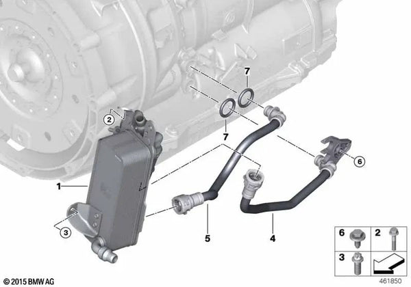 Conducción del enfriador de aceite de la transmisión para BMW Serie 3 G20, G20N, G21, Serie 5 G30N, G31, Serie 6 G32, G32N, Serie 7 G11, G12, Serie 8 G14, G15, G16, X3 G01, G01N, X4 G02, G02N, X5 G05, X6 G06, X7 G07 (OEM 17228576824). Original BMW.