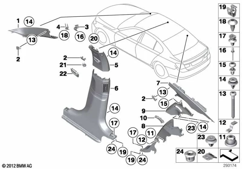 Tapa inferior del pilar B izquierdo para BMW F01, F02, F04 (OEM 51437340649). Original BMW.