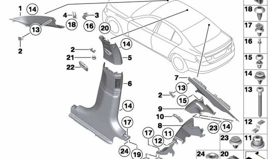 Revestimiento pilar C superior derecho OEM 51439170474 para BMW F02, F04. Original BMW.