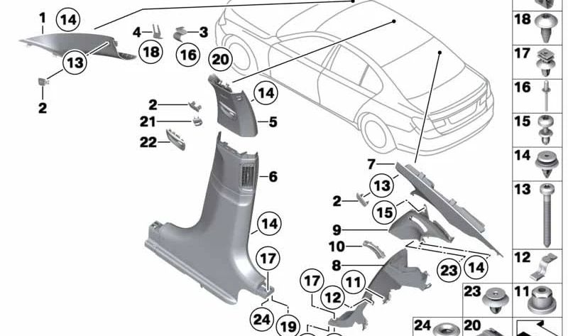 Upper right C-pillar trim for BMW 7 Series F02, F02N (OEM 51437903788). Original BMW.