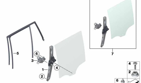 Elevalunas sin motor trasero izquierdo para BMW F25 (OEM 51357355639). Original BMW