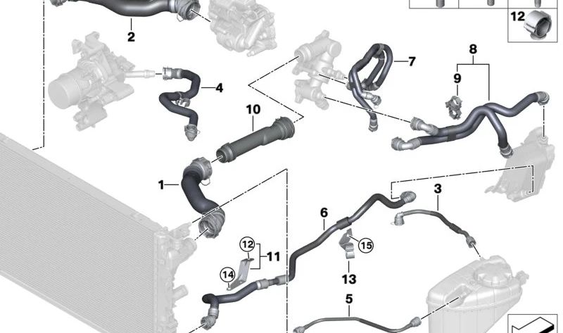 Manguera del radiador de refrigerante para BMW Serie 5 G30N, G31N, Serie 6 G32N, Serie 7 G11N, G12N, Serie 8 G14, G15, G16 (OEM 17128477706). Original BMW