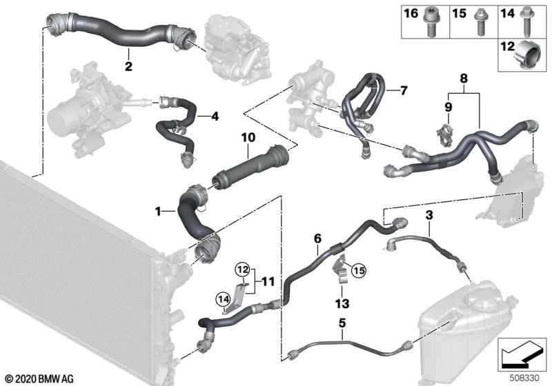 Tubo del depósito de expansión para BMW G30N, G31N, G32N, G11N, G12N, G14, G15, G16 (OEM 17128597750). Original BMW