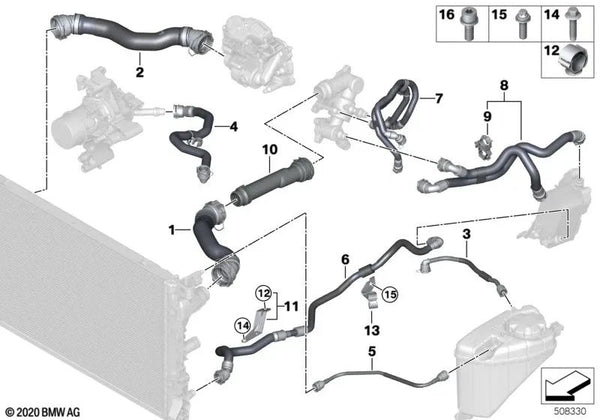 Manguera del Radiador de Refrigerante para BMW G30, G30N, G31, G31N, G32N, G11, G11N, G12, G12N, G14, G15, G16 (OEM 17128598387). Original BMW