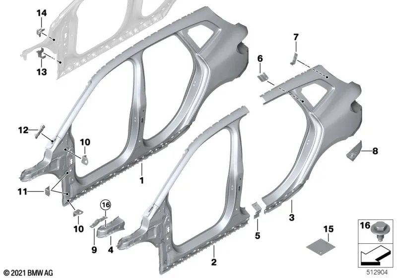 Soporte del paso de rueda interior izquierdo para BMW U06 (OEM 41009630391). Original BMW