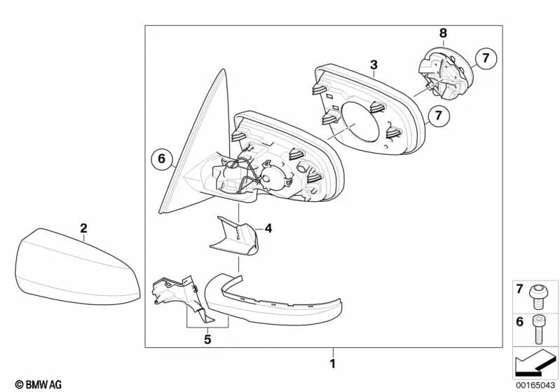 Heated right exterior mirror for BMW X6 E71 (OEM 51167282782). Original BMW