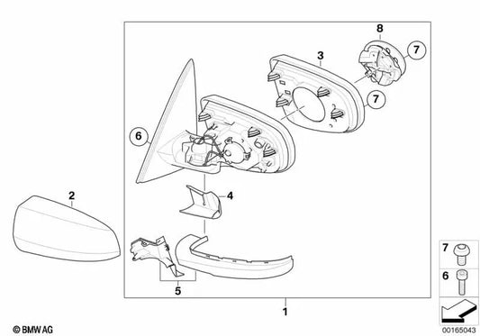 Heated right exterior mirror for BMW X6 E71 (OEM 51167282782). Original BMW