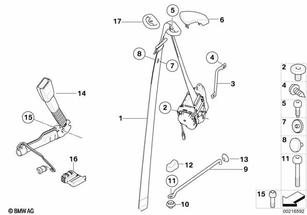 Cinturón de seguridad delantero derecho con limitador de fuerza para BMW E88 (OEM 72116981476). Original BMW