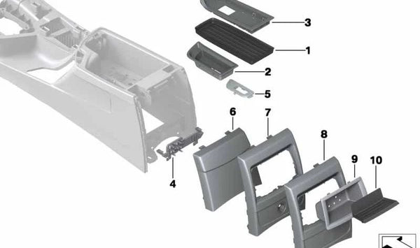 Cubierta consola central trasera OEM 51169230129 para BMW F20, F21, F22. Original BMW.