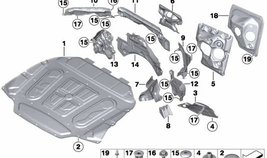 Parede frontal do isolamento acústico Parede inferior direita para BMW 5 F07 Series, F10, F11, Série 6 F06, F12, F13, Série 7 F01, F02 (OEM 51717211900). BMW original