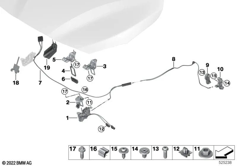 Cerradura del capó delantero FGS izquierda para BMW X1 F48, F49, X2 F39 (OEM 51238737702). Original BMW