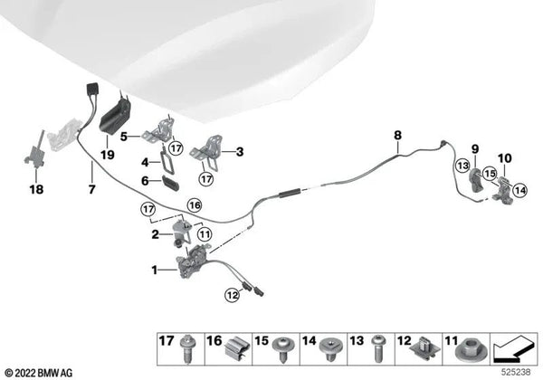 Cerradura del capó delantero FGS izquierda para BMW Serie 2 F46, F46N, X1 F49N (OEM 51237376978). Original BMW