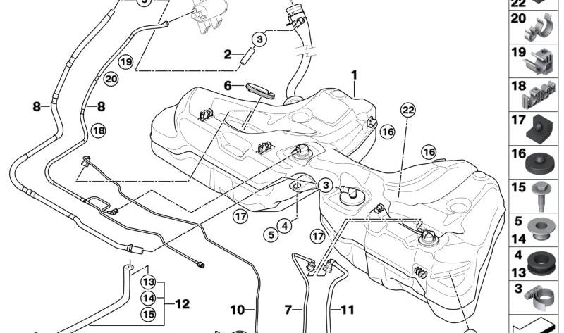 Depósito de combustible de plástico con tubo de llenado para BMW Serie 5 E60 (OEM 16117839871). Original BMW