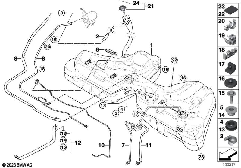 Goma de Distancia para BMW E60, E60N, E61, E61N, E63, E63N, E64, E64N, E65, E66 (OEM 16111183134). Original BMW