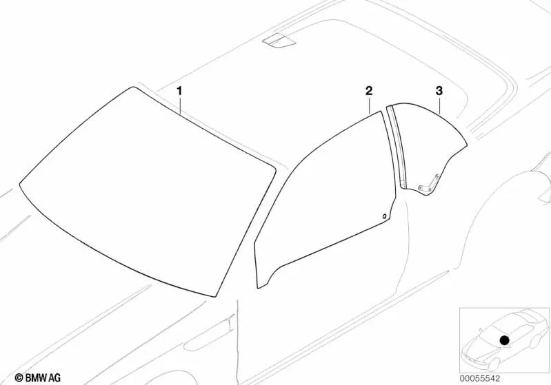 Green left side window for BMW 3 Series E46 (OEM 51368209423). Original BMW