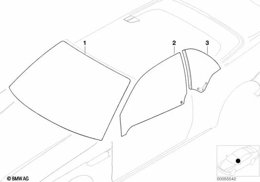 Green left side window for BMW 3 Series E46 (OEM 51368209423). Original BMW