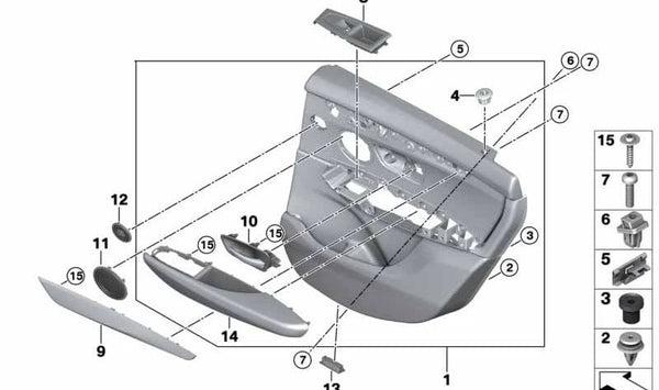 Panel interior de puerta trasera izquierda OEM 51428064127 para BMW F45, F46. Original BMW